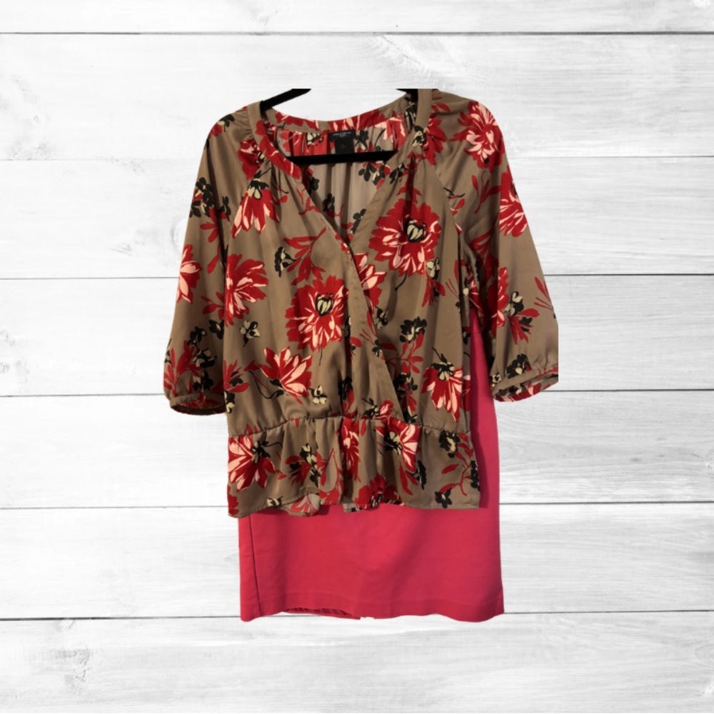 Ann Taylor vneck pleated quarter sleeve top S & coral Van Heusen pencil skirt 6